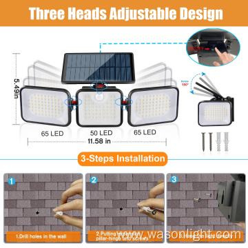 2023 New Remote Control 3 Heads Solar Motion Sensor Light 1000 Lumens 180 Led Security Light 270 Wide Angle Flood Wall Lights